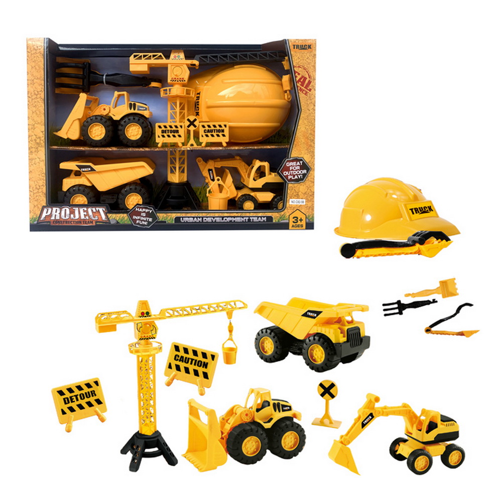 SET CONSTRUCCION CON VEHICULOS, GRUA Y CASCO