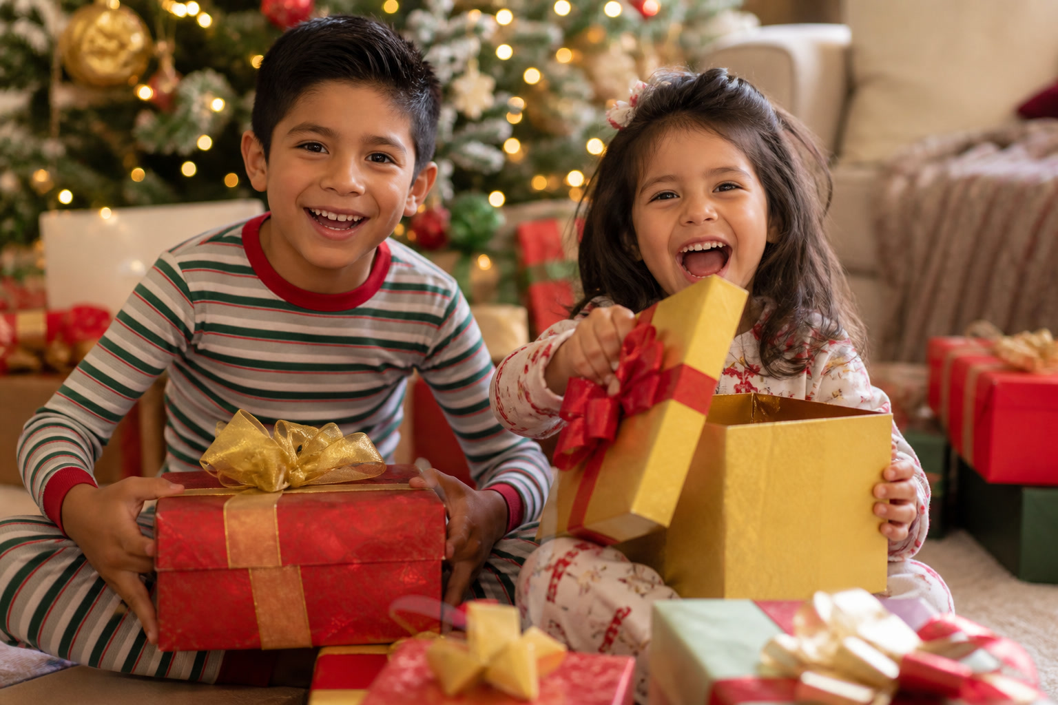 Niño y niña latinos alegres recibiendo sus regalos Regat